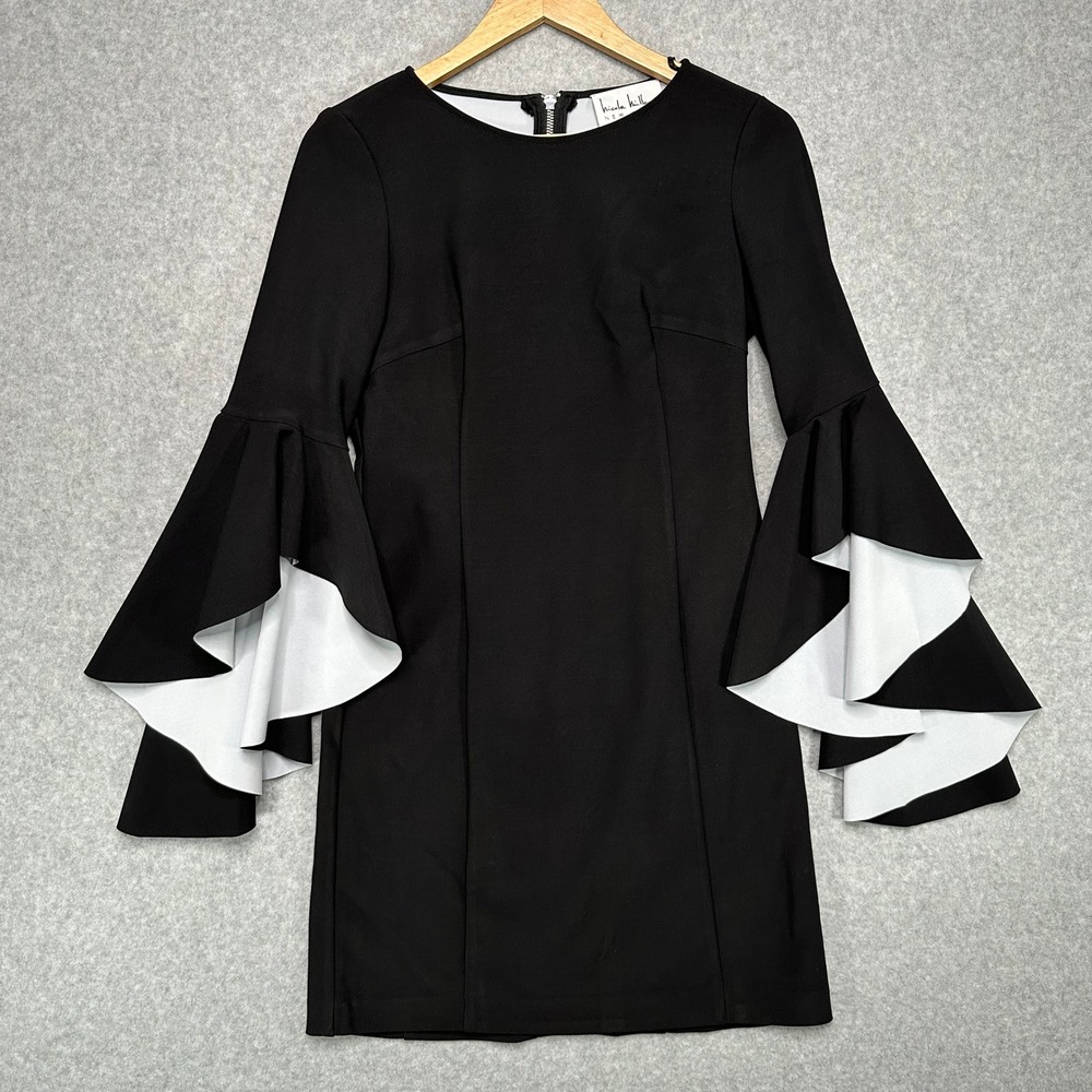 Nicole Miller New York Sheath Dress Black White Tiered Bell Sleeve Women Size‎ 2